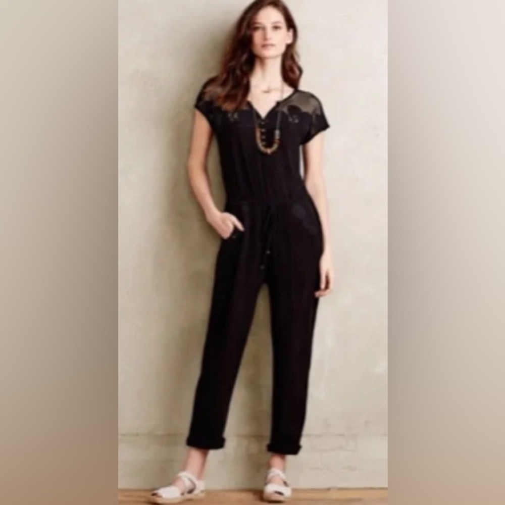 Anthropologie Crinkle Gauze Jumpsuit with Floral Appliqué and Mesh by Lilka - S